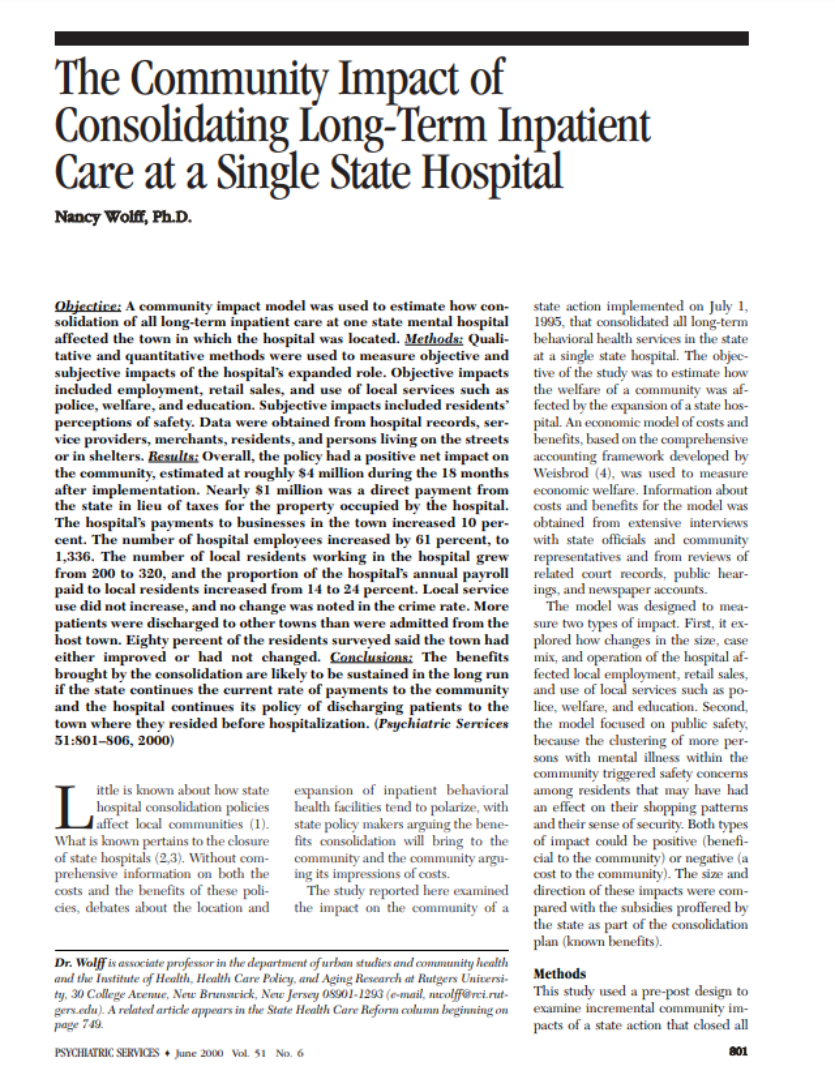 The Community Impact of Consolidating Long-Term Inpatient Care at a Single State Hospital