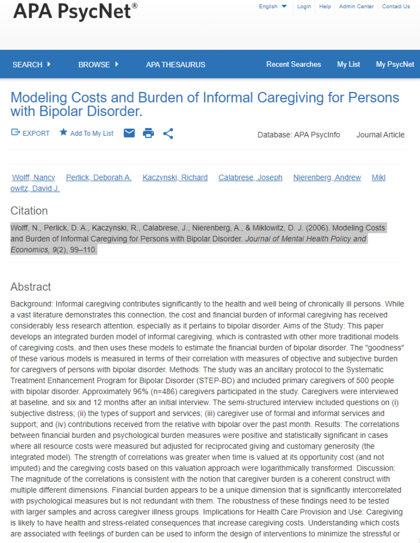 Modeling costs and burden of informal caregiving for persons with bipolar disorder