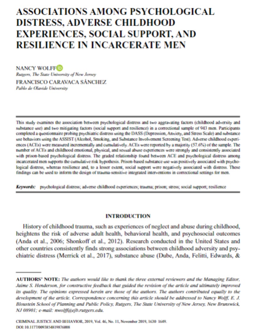 Associations among psychological distress, adverse childhood experiences, social support, and resilience in incarcerate men